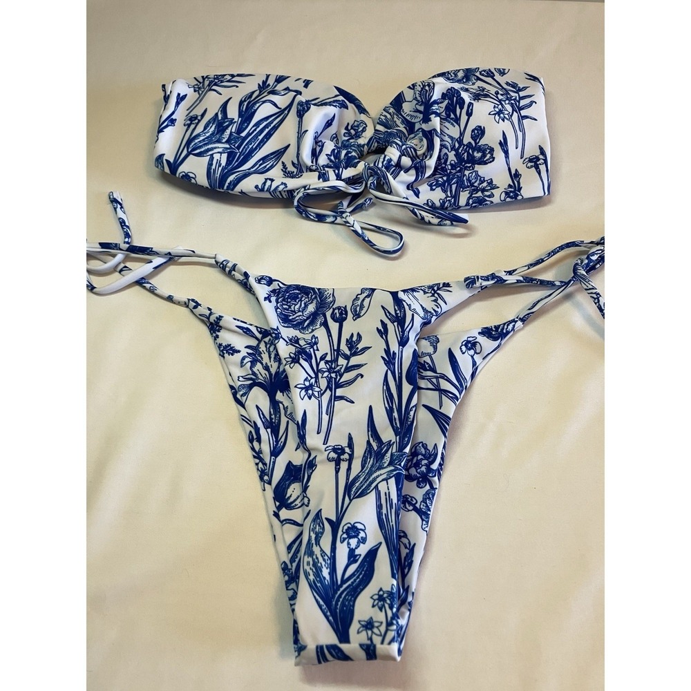 Milumia Floral Bandeau Bikini 2 Pc Strapless Swimsuit High Cut Blue Small C975